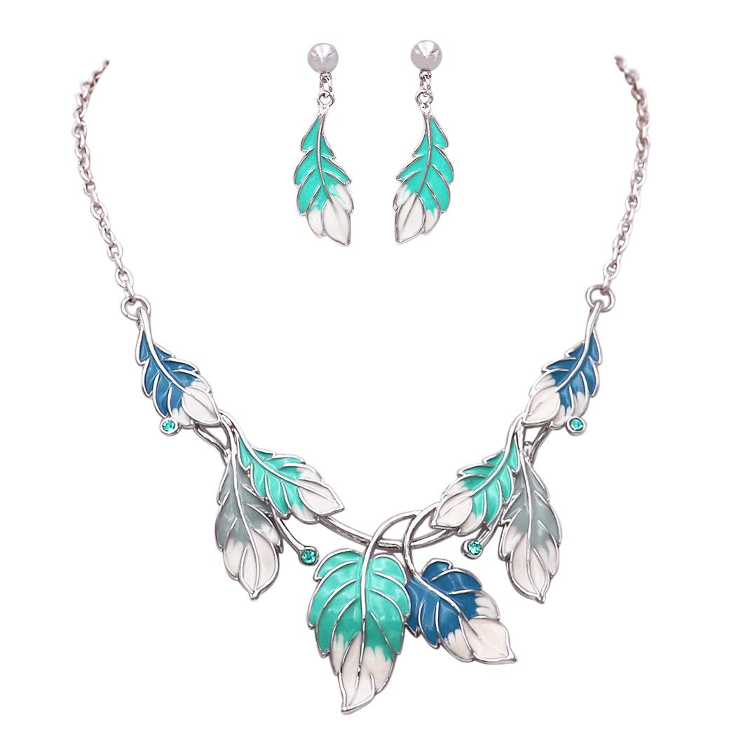 Blue Enamel Leaf Necklace and Post Dangle Earrings Set