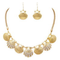 Stunning Polished Gold Tone Seashell Crystal Necklace And Earrings Set 15"+3" Extender