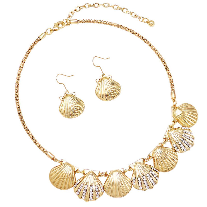 Stunning Polished Gold Tone Seashell Crystal Necklace And Earrings Set 15"+3" Extender