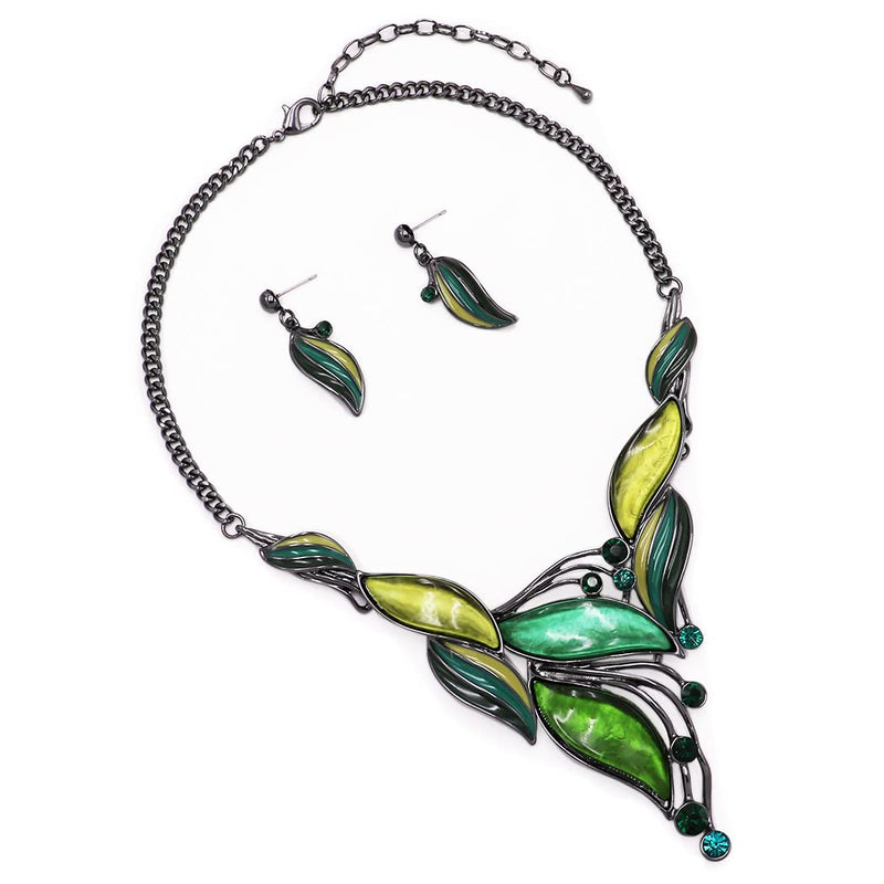 UnbeLEAFable Statement Enamel Crystal Resin Leaf And Vine Necklace Earrings Set, 14"+3" Extender (Greens Hematite Tone)