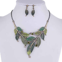 UnbeLeafable Vine and Leaves Crystal Statement Necklace Earrings Set, 14"+3 Extender (Shades Of Green Leaves Burnished Gold Tone)