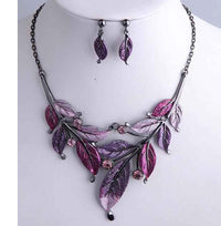 UnbeLeafable Vine and Leaves Crystal Statement Necklace Earrings Set, 14"+3 Extender (Shades Of Purple Leaves Hematite Tone)
