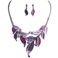 UnbeLeafable Vine and Leaves Crystal Statement Necklace Earrings Set, 14"+3 Extender (Shades Of Purple Leaves Hematite Tone)
