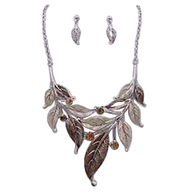 UnbeLeafable Vine and Leaves Crystal Statement Necklace Earrings Set, 14"+3 Extender (Fall Shades Of Brown Leaves Silver Tone)