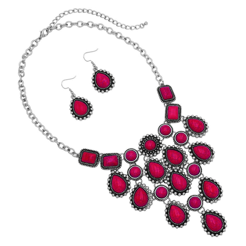 Rosemarie Collections Womenâ€™s Boho Natural Howlite Stone Dangle Statement Bib Necklace Drop Earrings Jewelry Set, 18"-21" with 3" Extender (Red)