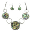 Western Chic Statement Round Semi Precious Howlite Stone Hammered Metal Rings Necklace Earring Set, 18"+3" Extender (Abalone Shell)