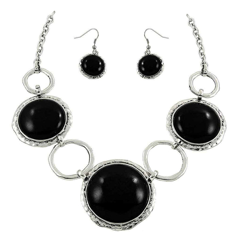 Western Chic Statement Round Semi Precious Howlite Stone Hammered Metal Rings Necklace Earring Set, 18"+3" Extender (Jet Black Howlite)