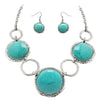 Western Chic Statement Round Semi Precious Howlite Stone Hammered Metal Rings Necklace Earring Set, 18"+3" Extender (Turquoise Blue Howlite)