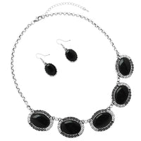 Western Style Concho Oval Howlite Stones With Dainty Crystal Rhinestone Detail Statement Necklace Earrings Set, 17"+3" Extender (Jet Black Howlite)