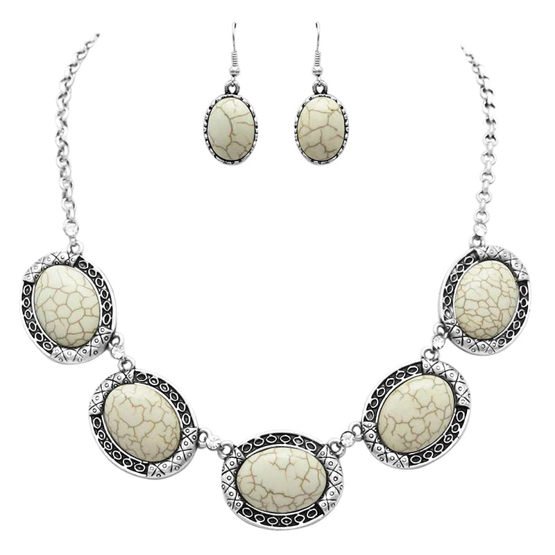 Western Style Concho Oval Howlite Stones With Dainty Crystal Rhinestone Detail Statement Necklace Earrings Set, 17"+3" Extender (Natural White Howlite)