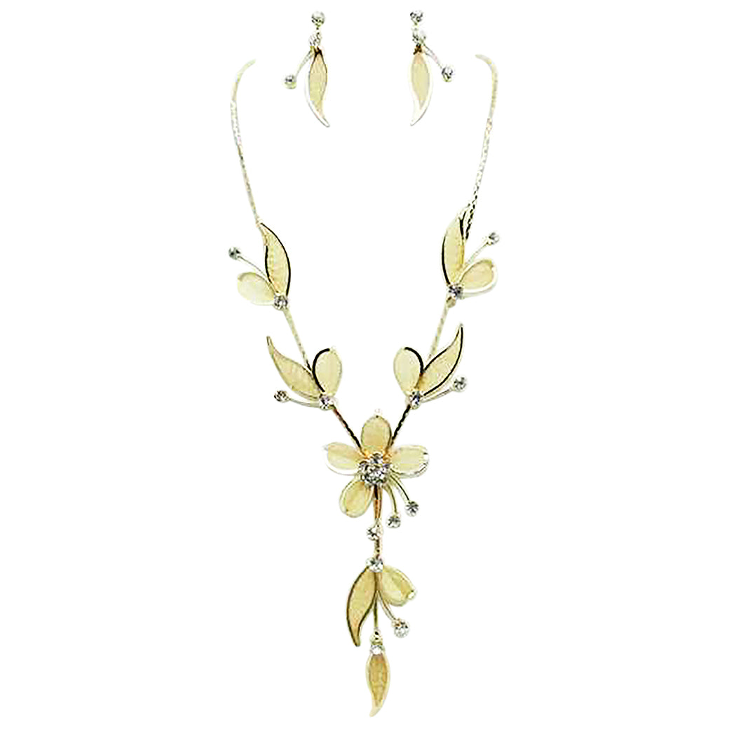 Stunning Petite Metal Mesh Flower With Crystal Accents Bridal Necklace And Dangle Earrings Jewelry Set, 15"+3" Extension (Gold Tone)