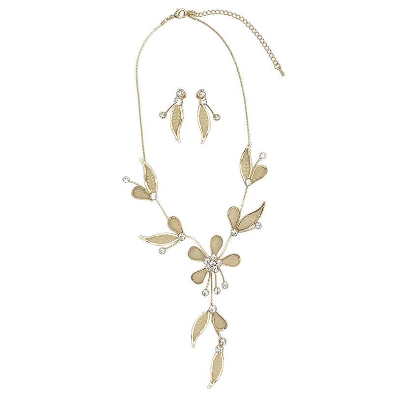 Stunning Petite Metal Mesh Flower With Crystal Accents Bridal Necklace And Dangle Earrings Jewelry Set, 15"+3" Extension (Gold Tone)