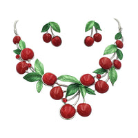 Cherry Fun 3D Enamel Resin And Crystal Fruit Silver Tone Necklace Earrings Jewelry Gift Set, 16"+3" Extender