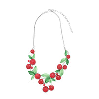 Cherry Fun 3D Enamel Resin And Crystal Fruit Silver Tone Necklace Earrings Jewelry Gift Set, 16"+3" Extender