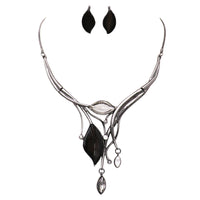 Leaf Design Statement Bib Necklace Earrings Set (Hematite/Black)