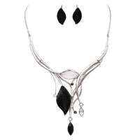 Leaf Design Statement Bib Necklace Earrings Set (Black)