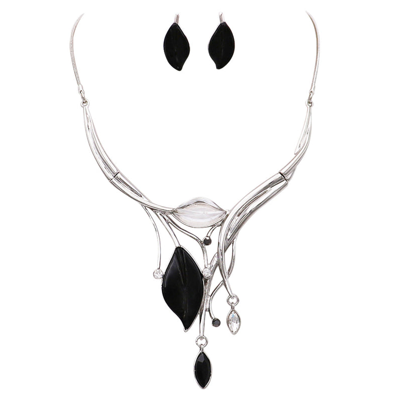 Leaf Design Statement Bib Necklace Earrings Set (Black)