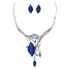 Leaf Design Statement Bib Necklace Earrings Set (Blue)