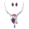 Leaf Design Statement Bib Necklace Earrings Set (Silver Tone/Purple)