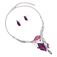 Leaf Design Statement Bib Necklace Earrings Set (Silver Tone/Purple)