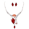 Colorful Resin Leaf And Crystal Design Statement Bib Necklace Earrings Set, 14"+3" Extender (Silver Tone Red)