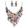 Women's Multicolored Floral Statement Bib Pendant Necklace and Earring Jewelry Gift Set, 14" with 3" extension