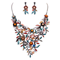 Women's Multicolored Floral Statement Bib Pendant Necklace and Earring Jewelry Gift Set, 14" with 3" extension