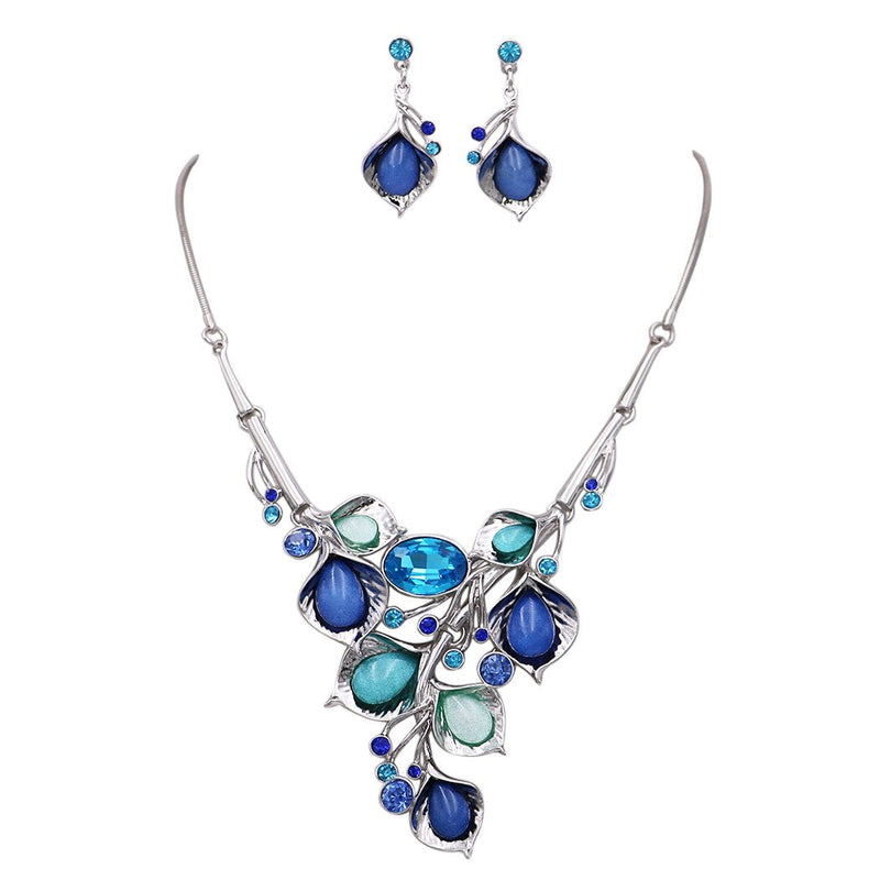 Adjustable Crystal Cluster Floral Leaf and Vine Statement Necklace Set (Silver Tone/Blue and Aqua)