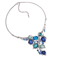 Adjustable Crystal Cluster Floral Leaf and Vine Statement Necklace Set (Silver Tone/Blue and Aqua)