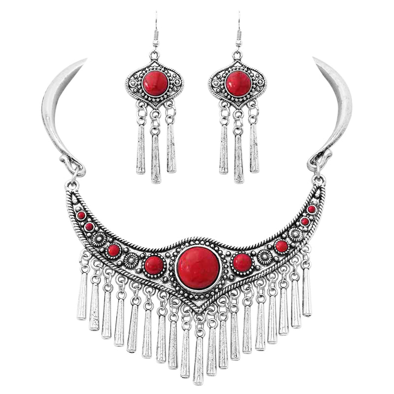 Western Style Statement Silver Tone Metal Fringe Natural Howlite Stone Collar Necklace Earrings Set, 11"+2" Extension (Red)