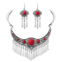 Western Style Statement Silver Tone Metal Fringe Natural Howlite Stone Collar Necklace Earrings Set, 11"+2" Extension (Red)