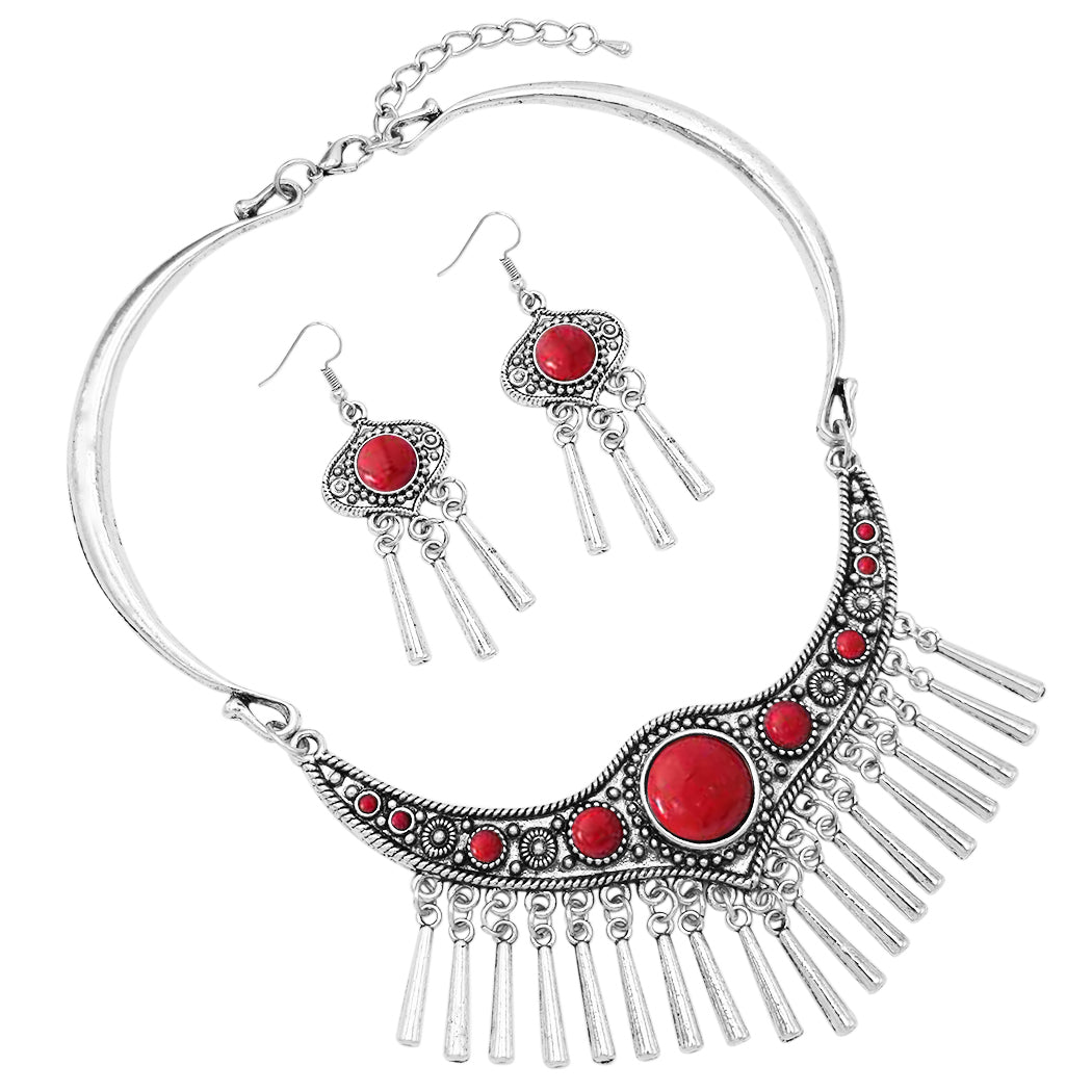 Western Style Statement Silver Tone Metal Fringe Natural Howlite Stone Collar Necklace Earrings Set, 11"+2" Extension (Red)