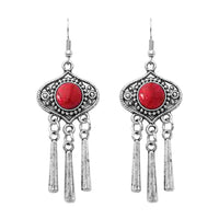 Western Style Statement Silver Tone Metal Fringe Natural Howlite Stone Collar Necklace Earrings Set, 11"+2" Extension (Red)