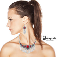Western Style Statement Silver Tone Metal Fringe Natural Howlite Stone Collar Necklace Earrings Set, 11"+2" Extension (Red)