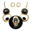 Contemporary Statement Resin Geo Hoop Link With Glass Crystal Rhinestones Bib Necklace And Earrings Gift Set, 14"+3" Extender (Black Marble Gold Tone)