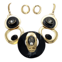 Contemporary Statement Resin Geo Hoop Link With Glass Crystal Rhinestones Bib Necklace And Earrings Gift Set, 14"+3" Extender (Black Marble Gold Tone)