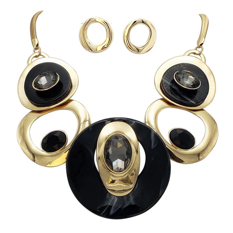 Contemporary Statement Resin Geo Hoop Link With Glass Crystal Rhinestones Bib Necklace And Earrings Gift Set, 14"+3" Extender (Black Marble Gold Tone)