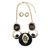Contemporary Statement Resin Geo Hoop Link With Glass Crystal Rhinestones Bib Necklace And Earrings Gift Set, 14"+3" Extender (Black Marble Gold Tone)