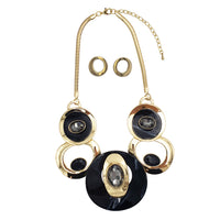 Contemporary Statement Resin Geo Hoop Link With Glass Crystal Rhinestones Bib Necklace And Earrings Gift Set, 14"+3" Extender (Black Marble Gold Tone)