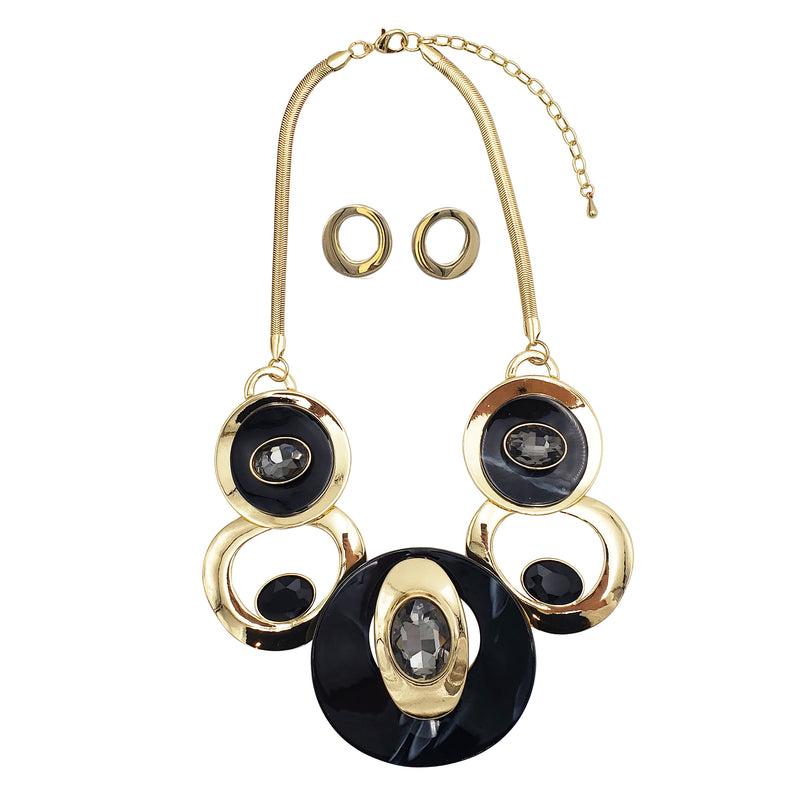 Contemporary Statement Resin Geo Hoop Link With Glass Crystal Rhinestones Bib Necklace And Earrings Gift Set, 14"+3" Extender (Black Marble Gold Tone)