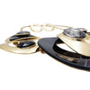 Contemporary Statement Resin Geo Hoop Link With Glass Crystal Rhinestones Bib Necklace And Earrings Gift Set, 14"+3" Extender (Black Marble Gold Tone)