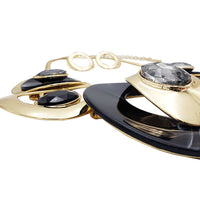 Contemporary Statement Resin Geo Hoop Link With Glass Crystal Rhinestones Bib Necklace And Earrings Gift Set, 14"+3" Extender (Black Marble Gold Tone)