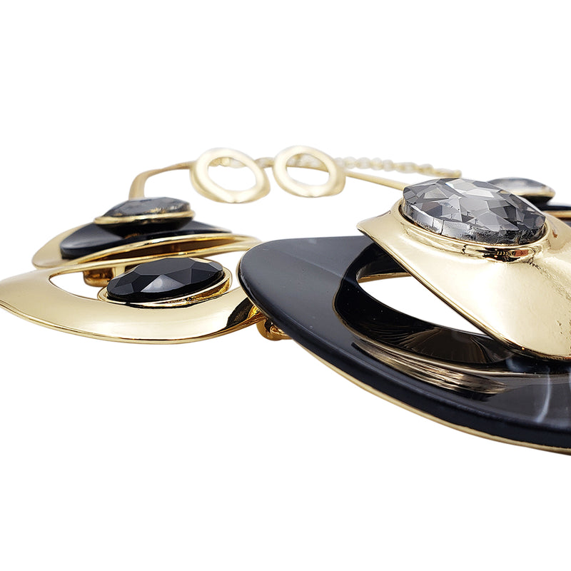 Contemporary Statement Resin Geo Hoop Link With Glass Crystal Rhinestones Bib Necklace And Earrings Gift Set, 14"+3" Extender (Black Marble Gold Tone)