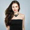 Contemporary Statement Resin Geo Hoop Link With Glass Crystal Rhinestones Bib Necklace And Earrings Gift Set, 14"+3" Extender (Black Marble Gold Tone)