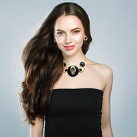 Contemporary Statement Resin Geo Hoop Link With Glass Crystal Rhinestones Bib Necklace And Earrings Gift Set, 14"+3" Extender (Black Marble Gold Tone)