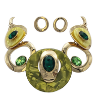 Contemporary Statement Resin Geo Hoop Link With Glass Crystal Rhinestones Bib Necklace And Earrings Gift Set, 14"+3" Extender (Green Yellow Gold Tone)