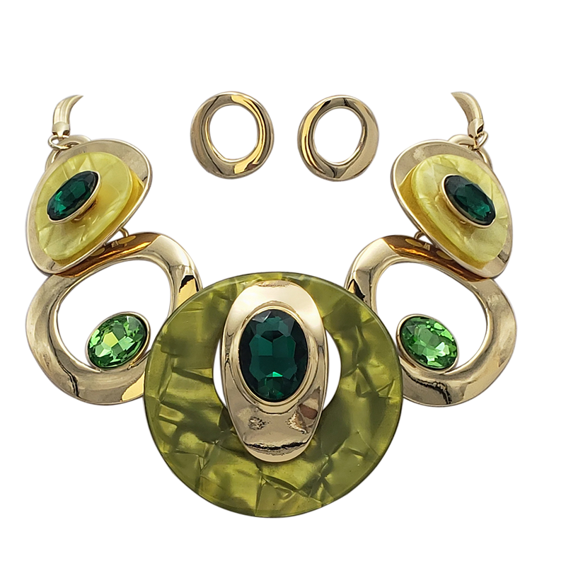 Contemporary Statement Resin Geo Hoop Link With Glass Crystal Rhinestones Bib Necklace And Earrings Gift Set, 14"+3" Extender (Green Yellow Gold Tone)