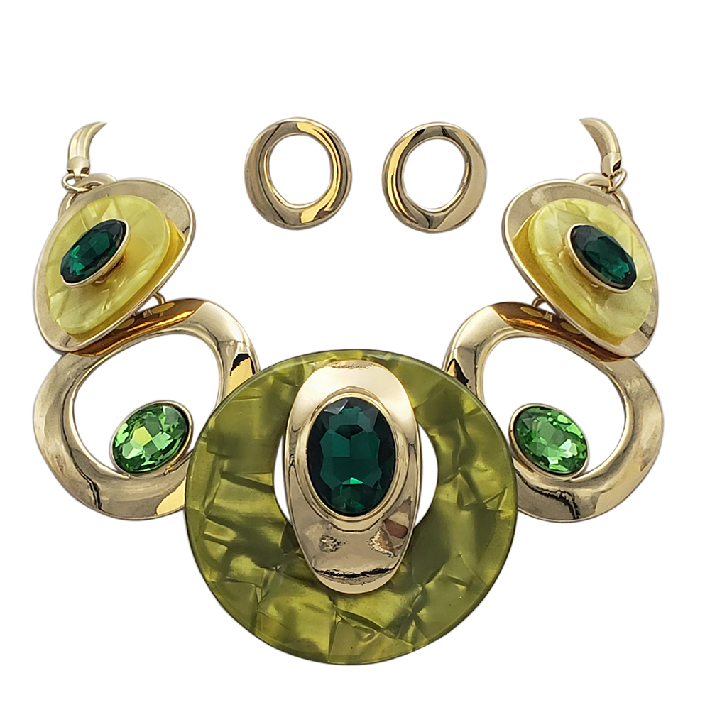 Contemporary Statement Resin Geo Hoop Link With Glass Crystal Rhinestones Bib Necklace And Earrings Gift Set, 14"+3" Extender (Green Yellow Gold Tone)
