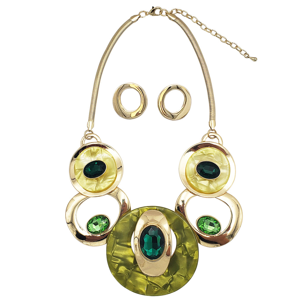 Contemporary Statement Resin Geo Hoop Link With Glass Crystal Rhinestones Bib Necklace And Earrings Gift Set, 14"+3" Extender (Green Yellow Gold Tone)