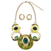 Contemporary Statement Resin Geo Hoop Link With Glass Crystal Rhinestones Bib Necklace And Earrings Gift Set, 14"+3" Extender (Green Yellow Gold Tone)